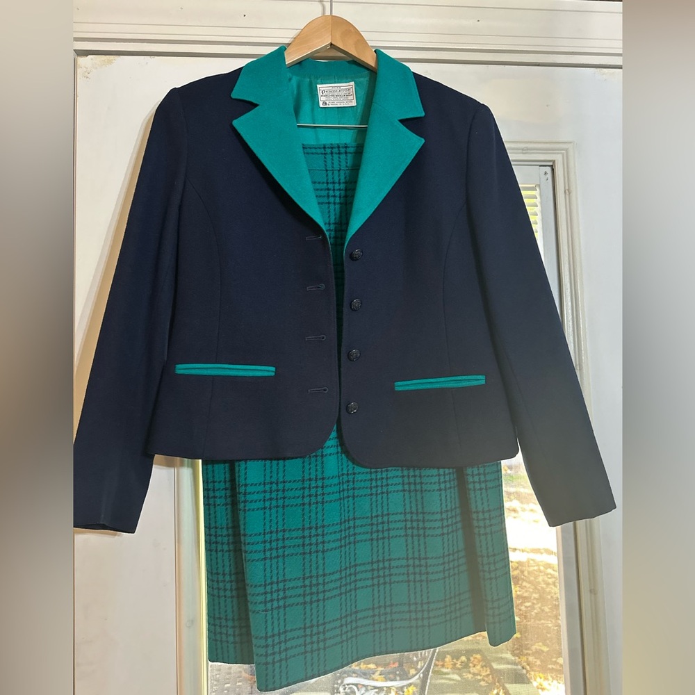 Pendleton Vintage Blue & green plaid 100% Wool 2-pc skirt & jacket suit Sz 10‎